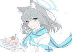 Rule 34 | 1girl, absurdres, animal ear fluff, blue archive, blue eyes, blue scarf, blush, brown hair, cake, candle, closed mouth, cross hair ornament, food, fruit, hair ornament, halo, highres, holding, holding plate, long hair, masabodo, plate, scarf, shiroko (blue archive), shirt, short hair, simple background, solo, strawberry, white background, white shirt