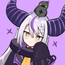 Rule 34 | 1girl, ahoge, animal, animal on head, asymmetrical hair, bad id, bad twitter id, bird, bird on head, black coat, blush, blush stickers, braid, chibi, coat, commentary, crow (la+ darknesss), demon horns, english commentary, fang, french braid, hair between eyes, highres, hololive, holox, horns, kato yuurina, kukie-nyan, la+ darknesss, la+ darknesss (1st costume), long hair, looking at viewer, multicolored hair, on head, open mouth, pointy ears, portrait, purple background, purple hair, silver hair, simple background, single braid, skin fang, sleeves past fingers, sleeves past wrists, slit pupils, smug, solo, streaked hair, striped horns, twitter username, two-tone hair, virtual youtuber, yellow eyes