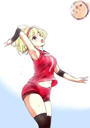 Rule 34 | 1girl, akina tsukako, arm up, armpits, ball, blonde hair, brown eyes, djeeta (granblue fantasy), granblue fantasy, groin, hairband, jersey, kneehighs, navel, open mouth, playing sports, red shirt, red shorts, red socks, shirt, short hair, shorts, simple background, socks, solo, spiking, thighs, volleyball, volleyball (object)