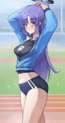 Rule 34 | 1girl, absurdres, adjusting hair, black shirt, blue archive, blue buruma, blue eyes, blue hair, blue jacket, blurry, blurry background, blush, breasts, buruma, dolri, gym uniform, halo, highres, jacket, lanyard, long hair, long sleeves, looking at viewer, medium breasts, midriff, navel, official alternate costume, outdoors, shirt, solo, star sticker, sticker on face, thighs, track and field, track jacket, yuuka (blue archive), yuuka (track) (blue archive)
