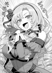 Rule 34 | 1girl, bare shoulders, blush, breasts, chest tattoo, choker, claw ring, corset, detached sleeves, dress, drill hair, drill sidelocks, emphasis lines, gloves, greyscale, hair ribbon, half gloves, highres, hyakumantenbara salome, hyakumantenbara salome (1st costume), juliet sleeves, large breasts, laughing, long hair, long sleeves, looking at viewer, monochrome, nijisanji, off-shoulder dress, off shoulder, ojou-sama pose, oogushi aritomo, open mouth, parted bangs, puffy sleeves, ribbon, scorpion tattoo, sidelocks, simple background, smile, solo, sparkling eyes, tattoo, translated, virtual youtuber, white background