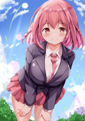 Rule 34 | 1girl, between breasts, black jacket, blazer, blue sky, blush, braid, breasts, closed mouth, cloud, collared shirt, commentary request, day, hair between eyes, highres, hoshizaki akari, jacket, large breasts, leaning forward, necktie, necktie between breasts, ongeki, outdoors, pink hair, pink necktie, pink skirt, pleated skirt, red eyes, school uniform, shirt, skirt, sky, smile, solo, twin braids, white shirt, xenon (for achieve)