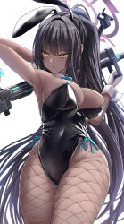 Rule 34 | 1girl, animal ears, anti-materiel rifle, arm up, armpits, black hair, black leotard, blue archive, blue bow, blue bowtie, bow, bowtie, boys anti-tank rifle, breasts, cleavage, covered navel, dark-skinned female, dark skin, detached collar, fake animal ears, fishnet pantyhose, fishnets, gun, high ponytail, highleg, highleg leotard, highres, karin (blue archive), karin (bunny) (blue archive), large breasts, leotard, long hair, official alternate costume, pantyhose, playboy bunny, ponytail, rabbit tail, rifle, side-tie leotard, silver bullet (ecc12 8), simple background, sniper rifle, solo, strapless, strapless leotard, tail, traditional bowtie, weapon, white background, wrist cuffs, yellow eyes