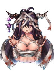 Rule 34 | 1girl, bandages, bandaged head, bandages, black gloves, blood, bloody bandages, blush, breasts, claw pose, collarbone, cropped torso, danua, draph, fingerless gloves, gloves, granblue fantasy, hair between eyes, halloween, horn ornament, horns, large breasts, long hair, looking at viewer, open mouth, pink eyes, pointy ears, purple hair, sahara misaki, simple background, single glove, solo, star (symbol), upper body, white background