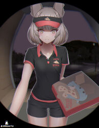 Rule 34 | 1girl, absurdres, alternate costume, animal ears, blunt bangs, breasts, cat ears, chest jewel, contemporary, core crystal (xenoblade), delivery, employee uniform, facial mark, fast food uniform, food, grey hair, head wings, highres, looking at viewer, nia (xenoblade), nopon, pepperoni, pizza, pizza box, pizza delivery, polo shirt, riku (xenoblade), short hair, shorts, small breasts, smile, solo, uniform, visor cap, wings, xenoblade chronicles (series), xenoblade chronicles 3, yellow eyes, zambonito