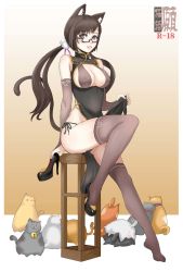 Rule 34 | 1girl, absurdres, animal ears, bad id, bad pixiv id, breasts, brown eyes, brown hair, cat, cat ears, covered erect nipples, glasses, high heels, highres, holding, holding shoes, long hair, looking at viewer, shoes, unworn shoes, single shoe, solo, steamed egg, thighhighs, twintails