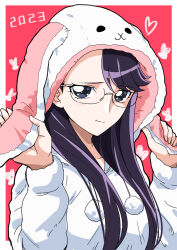 Rule 34 | 1girl, 2023, absurdres, animal hood, blue eyes, commentary request, glasses, heartcatch precure!, highres, hood, hoodie, long hair, looking at viewer, pout, precure, purple hair, rabbit hood, solo, tsukikage oyama, tsukikage yuri, white hoodie
