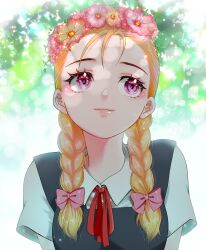 Rule 34 | 1girl, blonde hair, braid, breasts, character request, commentary request, copyright request, flower wreath, head wreath, highres, looking up, low twin braids, mugicha (zoro1132), pink eyes, portrait, small breasts, smile, solo, twin braids