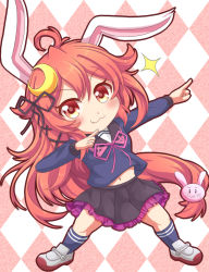 Rule 34 | 1girl, animal ears, bad id, bad pixiv id, black sailor collar, black skirt, blue shirt, checkered background, commentary request, crescent, crescent hair ornament, fang, full body, hair ornament, kantai collection, long hair, long sleeves, low-tied long hair, o3o, pink hair, pointing, pointing up, rabbit ears, rabbit hair ornament, red eyes, sailor collar, school uniform, serafuku, shirt, sills, skirt, smile, solo, usain bolt, uzuki (kancolle)