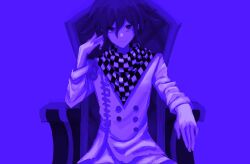 Rule 34 | 1boy, buttons, chair, checkered clothes, checkered scarf, closed mouth, danganronpa (series), danganronpa v3: killing harmony, double-breasted, grey jacket, hair between eyes, highres, jacket, jodan (user kjwm3255), long sleeves, looking at viewer, male focus, oma kokichi, purple background, scarf, simple background, sitting, smile