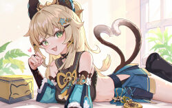 Rule 34 | 1girl, :d, absurdres, animal ears, armpit crease, bare shoulders, black choker, blonde hair, blue skirt, blush, box, breasts, bridal gauntlets, cardboard box, cat ears, cat girl, choker, crop top, day, detached sleeves, fang, from side, genshin impact, green eyes, hair ornament, hairclip, heart, heart tail, high ponytail, highres, indoors, kirara (genshin impact), long bangs, long hair, looking at viewer, lying, medium breasts, midriff, multiple tails, navel, on stomach, open mouth, plant, potted plant, romoromo, sidelocks, skin fang, skirt, smile, solo, sunlight, tail, talisman, tassel, two tails, window, x hair ornament