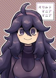 Rule 34 | 1girl, @ @, ahoge, breasts, character name, chichibu (watson), closed mouth, commentary request, creatures (company), curly hair, dress, game freak, hair between eyes, hairband, hex maniac (pokemon), highres, long hair, looking at viewer, nintendo, outline, pokemon, pokemon xy, purple dress, purple eyes, purple hairband, ribbed sweater, smile, solo, split mouth, sweater, upper body