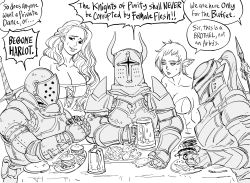 Rule 34 | 2girls, 3others, animal ears, armor, bad id, bb (baalbuddy), breastplate, breasts, burger, cleavage, commentary, corset, covered face, cup, english commentary, english text, fake horns, food, full armor, gauntlets, greyscale, helmet, highres, holding, holding cup, holding food, horned helmet, horns, inactive account, knight, large breasts, leotard, long hair, monochrome, multiple girls, multiple others, original, parted lips, pauldrons, plate, sanpaku, shoulder armor, simple background, smile, sword, table, tankard, tray, weapon, weapon on back, white background