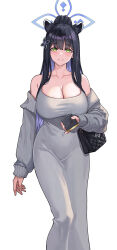 Rule 34 | 1girl, alternate costume, bag, black hair, blue archive, blue halo, blush, breasts, cellphone, cleavage, closed mouth, collarbone, dongtan dress, dress, feet out of frame, green eyes, grey dress, halo, highres, holding, holding phone, jamgom, large breasts, long hair, long sleeves, looking at viewer, meme attire, phone, revision, shun (blue archive), simple background, smartphone, smile, solo, white background