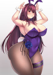 Rule 34 | 1girl, absurdres, animal ears, armpits, arms up, breasts, brown hair, cleavage, commentary request, covered navel, curvy, fake animal ears, fate/grand order, fate (series), fishnets, garter belt, gradient background, grey background, highres, large breasts, leotard, long hair, muyoshito, official alternate costume, pantyhose, playboy bunny, rabbit ears, rabbit tail, red eyes, scathach (fate), scathach (piercing bunny) (fate), solo, tail, thick thighs, thighs, very long hair, wide hips, yoshito (muyoshito207)