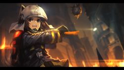 Rule 34 | 1girl, animal ears, animal ears helmet, arknights, axe, black jacket, blurry, blurry background, brown eyes, brown hair, building, burning, burning building, commentary request, depth of field, fake animal ears, fire, fire axe, fire helmet, firefighter, firefighter jacket, fixro2n, grey headwear, helmet, highres, holding, holding axe, jacket, letterboxed, long sleeves, open mouth, outdoors, revision, shaw (arknights), solo, squirrel tail, tail, upper body