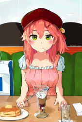 Rule 34 | alternate costume, bag, bell, blush, collarbone, drink, food, food on face, green eyes, hair bell, hair ornament, hairclip, hat, highres, holding, holding spoon, hololive, pancake, pink hair, plate, restaurant, sakura miko, shopping bag, sitting, solo, sowa snow, spoon, virtual youtuber, x hair ornament