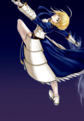 Rule 34 | 1girl, ahoge, armor, armored dress, artoria pendragon (all), artoria pendragon (fate), blonde hair, dress, excalibur (fate/stay night), fate/stay night, fate (series), faulds, gauntlets, green eyes, hair ribbon, puffy sleeves, ribbon, saber (fate), solo, sumi (joker), sword, thighhighs, weapon, white thighhighs
