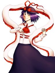 Rule 34 | bow, hat, highres, long sleeves, moonywitcher, nagae iku, purple hair, red bow, red eyes, red ribbon, ribbon, short hair, simple background, smile, touhou