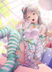 Rule 34 | 1girl, apron, bare shoulders, blush, brown hair, cage, collar, commentary, crossed bangs, detached sleeves, dress, feet out of frame, flower, green dress, green footwear, green socks, hair flower, hair ornament, hand up, hayaoki (asagi-iro seishun-bu), highres, holding, kneehighs, knees together feet apart, long hair, long sleeves, looking at viewer, love live!, minami kotori, open mouth, sidelocks, smile, socks, solo, sparkle, striped clothes, striped socks, white apron, white socks, wide sleeves, wings, yellow eyes