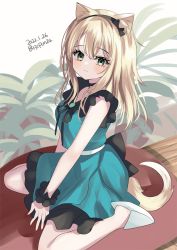 Rule 34 | 1girl, 8931ponzu, animal ear fluff, animal ears, arknights, black hairband, blonde hair, blue shirt, blue skirt, blush, breasts, closed mouth, dog ears, dog girl, dog tail, frilled skirt, frills, green eyes, hair between eyes, hairband, long hair, looking at viewer, official alternate costume, podenco (arknights), podenco (wake up from a nap) (arknights), shirt, sitting, skirt, sleeveless, sleeveless shirt, slippers, small breasts, smile, solo, tail, wariza, white background, white footwear, wrist cuffs