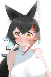 Rule 34 | 1girl, animal ear fluff, animal ears, bare arms, bare shoulders, black hair, blush, breasts, closed mouth, commentary request, flipped hair, hair ornament, hairclip, highres, hololive, hug, impossible clothes, impossible shirt, kani bonara, large breasts, long hair, looking at viewer, multicolored hair, official alternate costume, ookami mio, ookami mio (street), red hair, shirt, simple background, sleeveless, sleeveless shirt, smile, solo, spiked hair, streaked hair, sweat, turtleneck, turtleneck shirt, upper body, very long hair, very sweaty, virtual youtuber, white background, white shirt, wolf ears, yellow eyes