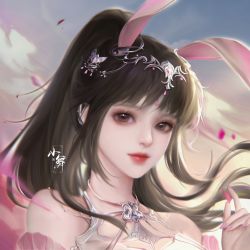 Rule 34 | 1girl, absurdres, ai wu lian jian, animal ears, brown hair, closed mouth, cloud, collar, douluo dalu, dress, hair ornament, highres, holding, holding petal, long hair, looking at viewer, metal collar, petals, ponytail, rabbit ears, solo, upper body, xiao wu (douluo dalu)