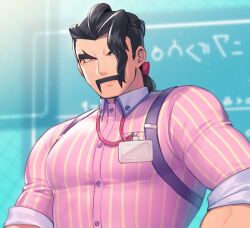 Rule 34 | 1boy, black hair, blurry, blurry background, buttons, closed mouth, collared shirt, commentary request, creatures (company), facial hair, game freak, haneten kagatsu, lanyard, long hair, looking at viewer, male focus, mustache, nintendo, pectorals, pink eyes, pink shirt, pokemon, pokemon sv, saguaro (pokemon), shirt, solo, striped clothes, striped shirt, thick eyebrows, upper body, vertical-striped clothes, vertical-striped shirt
