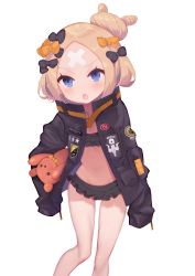 Rule 34 | 1girl, :o, abigail williams (fate), abigail williams (traveling outfit) (fate), absurdres, bikini, bikini under clothes, black bikini, black bow, black jacket, blonde hair, blue eyes, blush, bow, crossed bandaids, fate/grand order, fate (series), frilled bikini, frills, hair bow, hair bun, highres, jacket, key, long hair, long sleeves, looking at viewer, navel, hugging object, official alternate costume, open clothes, open jacket, open mouth, orange bow, parted bangs, polka dot, polka dot bow, simple background, single hair bun, sleeves past fingers, sleeves past wrists, solo, standing, star (symbol), stuffed animal, stuffed toy, swimsuit, teddy bear, tomo (ryo i so ), v-shaped eyebrows, white background
