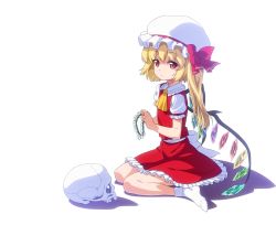 Rule 34 | 1girl, anime coloring, ascot, blonde hair, bow, dress, embodiment of scarlet devil, female focus, flandre scarlet, flower, hat, hat bow, looking at viewer, okina ika, red eyes, short hair, side ponytail, simple background, sitting, skull, socks, solo, touhou, wariza, white background, white socks, wings, wreath