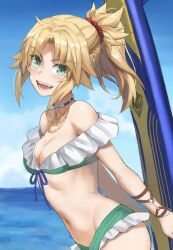 Rule 34 | 1girl, bikini, blonde hair, blue sky, blurry, blurry background, breasts, cloud, day, fangs, fate/apocrypha, fate (series), frilled bikini, frills, green bikini, green eyes, highres, jewelry, looking at viewer, medium breasts, mordred (fate), navel, necklace, o-ring, open mouth, outdoors, ponytail, short hair, sky, smile, solo, swimsuit, tail, teeth, tonee