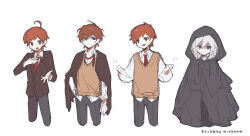 Rule 34 | 1other, 3boys, ahoge, androgynous, black cloak, black hood, blazer, blush, brown eyes, brown jacket, brown sleeves, brown vest, character request, chinese text, clenched hands, cloak, closed mouth, collared shirt, commentary request, cropped legs, danganronpa (series), dated commentary, dual persona, expressionless, eyelashes, grey pants, hand on own chest, highres, hood, hood up, hooded cloak, jacket, jacket on shoulders, lapels, layered sleeves, light frown, long sleeves, looking at viewer, maeda yuki, messy hair, motion lines, multiple boys, necktie, nervous smile, notched lapels, open mouth, orange hair, outstretched hand, pants, red necktie, shaded face, shirt, short hair, simple background, smile, spoilers, super danganronpa another 2, sweatdrop, sweater vest, translation request, undone necktie, utsuro (danganronpa another), uyu (pixiv 92484260), v-neck, vest, white background, white hair, white shirt