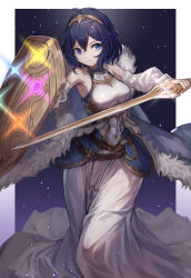 Rule 34 | 1girl, absurdres, armor, armpit peek, binding shield, blue background, blue cape, blue eyes, blue hair, blue shirt, bob cut, boobplate, border, breastplate, breasts, cape, commentary request, cosplay, dark background, detached sleeves, double-parted bangs, dress, facing viewer, falchion (fire emblem), fire emblem, fire emblem awakening, fire emblem cipher, fur-trimmed cape, fur trim, glint, gradient background, hair between eyes, highres, holding, holding shield, holding sword, holding weapon, light frown, light particles, long dress, lucina (fire emblem), lucina (fire emblem) (cosplay), medium breasts, morgan (female) (fire emblem), morgan (fire emblem), nintendo, outside border, popupi 12, purple background, shield, shirt, short hair, sideways glance, sleeveless, sleeveless shirt, solo, sword, tiara, weapon, white armor, white border, white dress, white sleeves