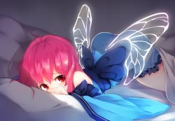 Rule 34 | 1girl, ass, bare shoulders, blanket, blush, butterfly wings, chiroru (cheese-roll), commentary, covered mouth, covering face, detached sleeves, embarrassed, highres, indoors, insect wings, japanese clothes, long sleeves, looking at viewer, no headwear, obi, on bed, pillow, pink hair, red eyes, saigyouji yuyuko, sash, see-through, shadow, shy, solo, touhou, wide sleeves, wings