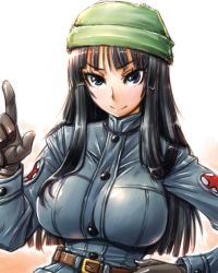 Rule 34 | 10s, 1girl, amania orz, beanie, belt, black eyes, black gloves, black hair, breasts, buckle, dragon ball, dragon ball super, gloves, gradient background, hat, large breasts, long hair, looking at viewer, mai (dragon ball), mai (future) (dragon ball), pointing, smile, solo, uniform, upper body
