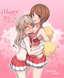 Rule 34 | !?, 10s, 2girls, :d, absurdres, aomushi (mushamusha), artist name, back, blush, breasts, cheerleader, cleavage, clothes lift, crop top, dated, female focus, floral background, flower, from side, girls und panzer, happy birthday, highres, lifting another&#039;s clothes, lily (flower), long hair, looking at viewer, midriff, miniskirt, multiple girls, nishizumi miho, no bra, one side up, open mouth, pink background, pleated skirt, pom pom (cheerleading), shimada arisu, shirt lift, short hair, signature, skirt, sleeveless, smile, sparkle, standing, tank top, yuri
