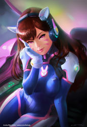 Rule 34 | 1girl, artist name, bodysuit, breasts, brown hair, character name, cockpit, commentary, cowboy shot, d.va (overwatch), eyebrows, eyelashes, facial mark, gloves, head rest, headphones, highres, light smile, lips, lipstick, long hair, looking at viewer, makeup, mecha, medium breasts, meka (overwatch), nose, oliver wetter, overwatch, overwatch 1, pilot suit, pink eyes, pink lips, robot, signature, skin tight, solo, watermark, web address, whisker markings, white gloves