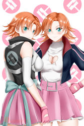 Rule 34 | 2girls, aqua eyes, bare shoulders, blush, breasts, cleavage, cleavage cutout, clone, clothing cutout, fingerless gloves, gloves, green eyes, hand on own hip, highres, jacket, kimmy77, large breasts, looking at viewer, looking back, multiple girls, nora valkyrie, orange hair, patreon logo, patreon username, pink gloves, pink skirt, rwby, short hair, skirt, smile, standing, watermark, web address, white background