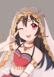 Rule 34 | 1girl, arabian clothes, arm ribbon, artist name, artist request, bare legs, bare shoulders, black hair, blush, bow, breasts, collarbone, dancer, earrings, female focus, flat chest, flower, hair bow, jewelry, lantern, looking at viewer, love live!, love live! school idol festival, love live! school idol project, moon earrings, nackop (nackoyo), necklace, nico nico nii, one eye closed, parted lips, pearl necklace, puffy short sleeves, puffy sleeves, red eyes, ribbon, short hair, short sleeves, small breasts, smile, solo, twintails, veil, white flower, yazawa nico