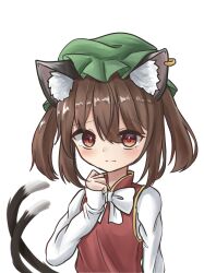 Rule 34 | 1girl, absurdres, alternate hairstyle, animal ear fluff, animal ear piercing, animal ears, blush, bow, bowtie, brown eyes, brown hair, cat ears, cat tail, chen, closed mouth, commentary request, earrings, expressionless, flat chest, gold trim, green hat, hair between eyes, hand up, hat, highres, jewelry, long sleeves, looking at viewer, medium hair, mob cap, multiple tails, nekomata, petite, simple background, single earring, sleeves past wrists, solo, tail, touhou, tsubakipan, twintails, two tails, upper body, white background, white bow, white bowtie