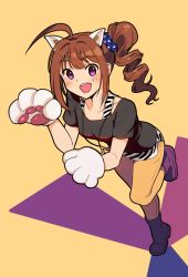 Rule 34 | 1girl, :d, ahoge, animal ears, black shirt, blue scrunchie, boots, brown hair, cat ears, commentary, drill hair, fake animal ears, hair ornament, hair scrunchie, idolmaster, idolmaster million live!, jewelry, kamille (vcx68), leaning forward, leg up, looking at viewer, medium hair, necklace, open mouth, orange background, orange pants, pants, paw pose, print scrunchie, purple eyes, purple footwear, scrunchie, shirt, side drill, side ponytail, sidelocks, simple background, smile, solo, standing, standing on one leg, star (symbol), star print, tank top, thighhighs, white shirt, yokoyama nao