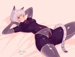 Rule 34 | 1girl, animal ears, blush, bodysuit, breasts, cameltoe, cat ears, cat tail, cleft of venus, crotch zipper, fat mons, gloves, highres, latex, latex gloves, latex legwear, latex suit, looking at viewer, lying, on back, original, red eyes, short hair, silver hair, skin tight, smile, solo, tail, tesomu, unzipped, zipper