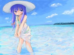 Rule 34 | 1girl, day, dress, female focus, hair ribbon, hat, patchouli knowledge, ribbon, sidorov, sky, solo, strap slip, sundress, touhou, water, wet, wet clothes