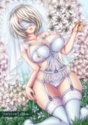 Rule 34 | 1girl, android, blindfold, breasts, flower, kneeling, large breasts, lingerie, lips, nail polish, nier (series), nier:automata, see-through, sevie, short hair, silver hair, solo, thighhighs, underwear, white lingerie, 2b (nier:automata)