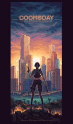Rule 34 | 1girl, 6+others, black hair, black pants, building, cloud, cloudy sky, commission, fire, from behind, full body, grey shirt, gun, holding, holding gun, holding weapon, midriff, multiple others, original, pants, pixel art, ponytail, ruins, shirt, shoes, sky, skyscraper, sunset, thighhighs, weapon, yiye