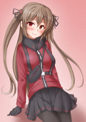 Rule 34 | 1girl, anti (untea9), black gloves, black pantyhose, black skirt, blush, breasts, brown eyes, cowboy shot, gloves, gradient background, gradient hair, hair flaps, heterochromia, highres, jacket, kantai collection, light brown hair, lips, long hair, long sleeves, looking at viewer, medium breasts, multicolored hair, murasame (kancolle), murasame kai ni (kancolle), official alternate costume, pantyhose, pouch, red background, red eyes, red jacket, sitting, skirt, smile, solo, strap, twitter username, two side up