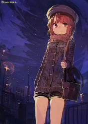 Rule 34 | 10s, 1girl, absurdres, alternate costume, bag, blunt bangs, blush, brown eyes, brown hair, casual, clothes writing, hat, highres, kaamin (mariarose753), kantai collection, looking at viewer, looking back, night, night sky, red scarf, sailor hat, scarf, short hair, short shorts, shorts, shoulder bag, sky, solo, sweater, twitter username, winter clothes, z3 max schultz (kancolle)