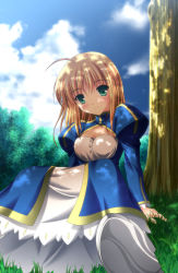 Rule 34 | 00s, 1girl, ahoge, artoria pendragon (fate), blonde hair, blue dress, blue sky, blush, cloud, dappled sunlight, day, dress, fate/stay night, fate (series), green eyes, juliet sleeves, long sleeves, looking at viewer, outdoors, plant, puffy long sleeves, puffy sleeves, saber (fate), short hair, sitting, sky, smile, solo, sunlight, tree, tsuda akira, under tree