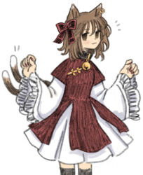 Rule 34 | 1girl, :3, adapted costume, animal ears, black thighhighs, brown eyes, brown hair, cat ears, cat girl, cat tail, chen, closed mouth, commentary, cowboy shot, dress, flat chest, hair ribbon, hands up, highres, layered sleeves, long sleeves, multiple tails, red dress, red nails, red ribbon, ribbon, short hair, short over long sleeves, short sleeves, simple background, solo, susu (mikufanclub), tail, thighhighs, touhou, two tails, white background