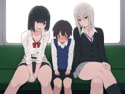 Rule 34 | 1boy, 2girls, age difference, ara ara on a train (meme), black hair, blush, breasts, brown hair, child, cleavage, clothes around waist, commentary, crossed legs, girl sandwich, kemuri haku, long hair, looking at another, looking down, medium breasts, meme, multiple girls, onee-shota, open mouth, original, sandwiched, school uniform, seductive smile, short hair, shorts, shy, silver hair, sitting, smile, sweater, sweater around waist, thighs, train interior, you gonna get raped